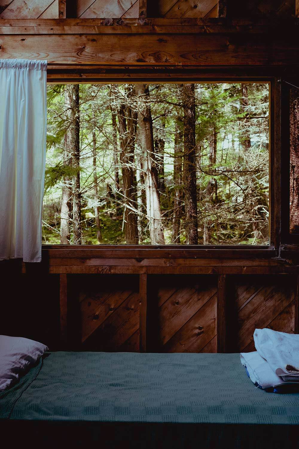 Inside of the cabin with a view.